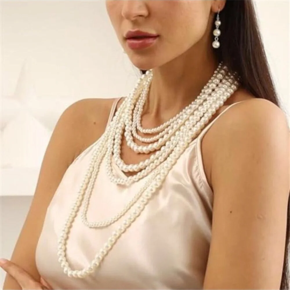 Long Lab Pearl Necklace Layered Pearls and Earrings Set Pearl Body Jewelry